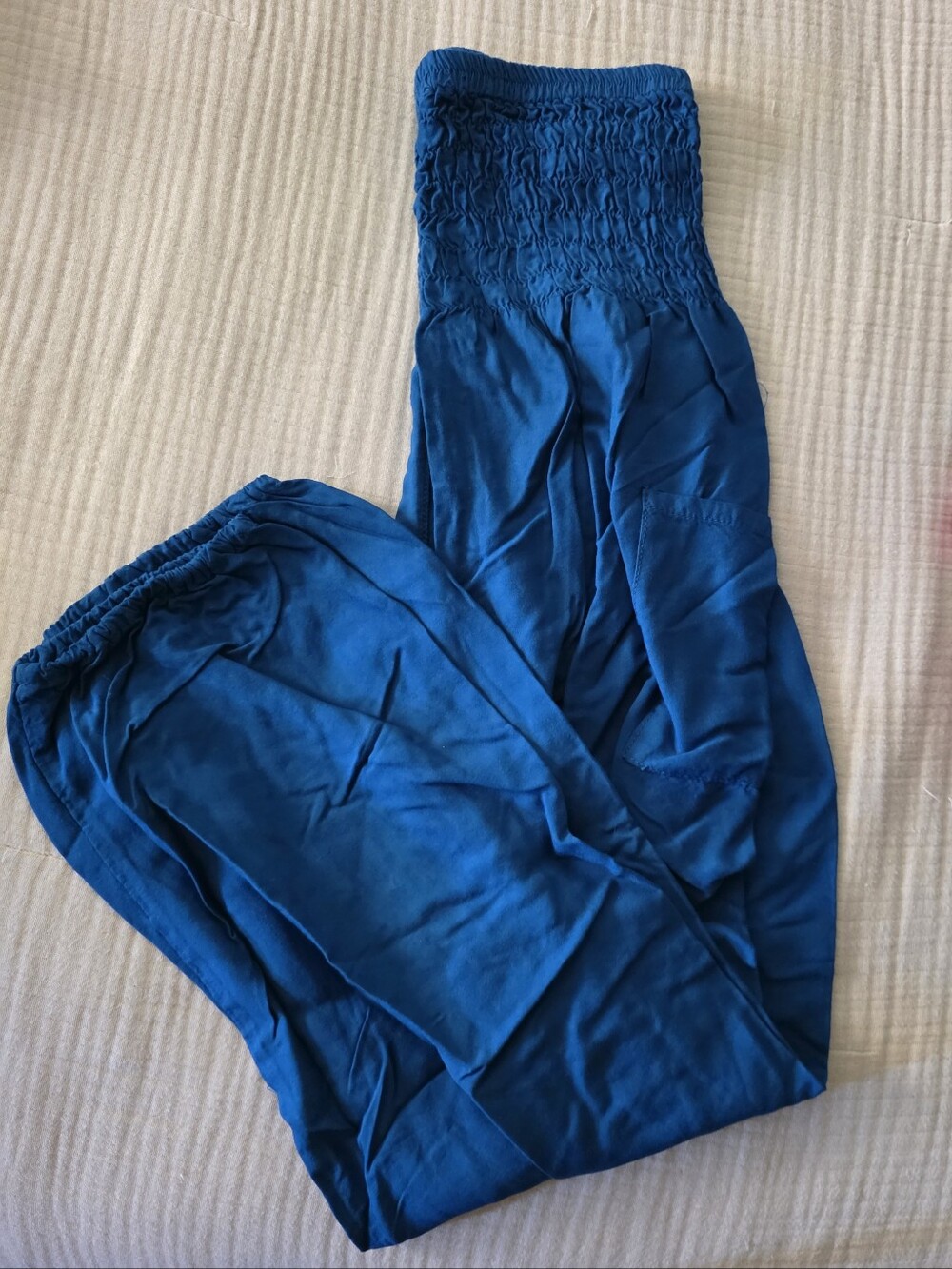 Smocked Waist Wide-Leg Jumpsuit Pants - Blue